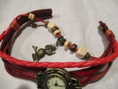 UNBRANDED Vintage Bracelet Watch w/Faux Red Leather Snap Closure Brass Owl 8.5″L