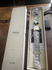 BREDA Gold-Tone Rectangular Quartz Analog Watch Silver Dial Black Leather w/ Box