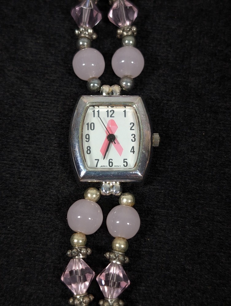 Pink Ribbon Awareness Glass Bead Toggle Bracelet Watch 6.5 inches