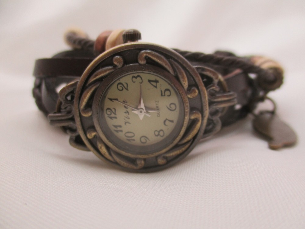 Viser Analog Wristwatch Brown Boho Multi-Stranded Band Bronze Tone Beaded