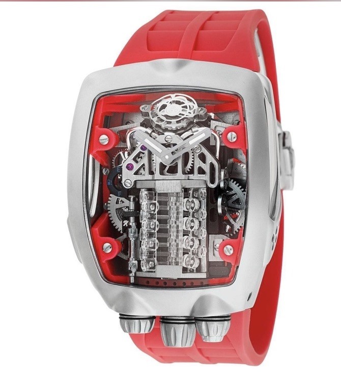 Montres Prestige Automatic Skeleton Tonneau Watch Silver Case Red Rubber Strap