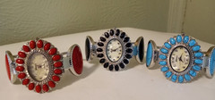 Lot of 3 Vintage Geneva Cuff Bracelet Watches Faux Coral Turquoise & Onyx (drw)