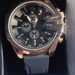 Ed Hardy Men’s Chronograph Quartz Watch 50mm Gold-Tone, Black Rubber Strap Box