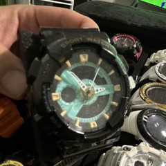 Analog-Digital Wristwatch Digital Display Black Case Band Blue Green Dial