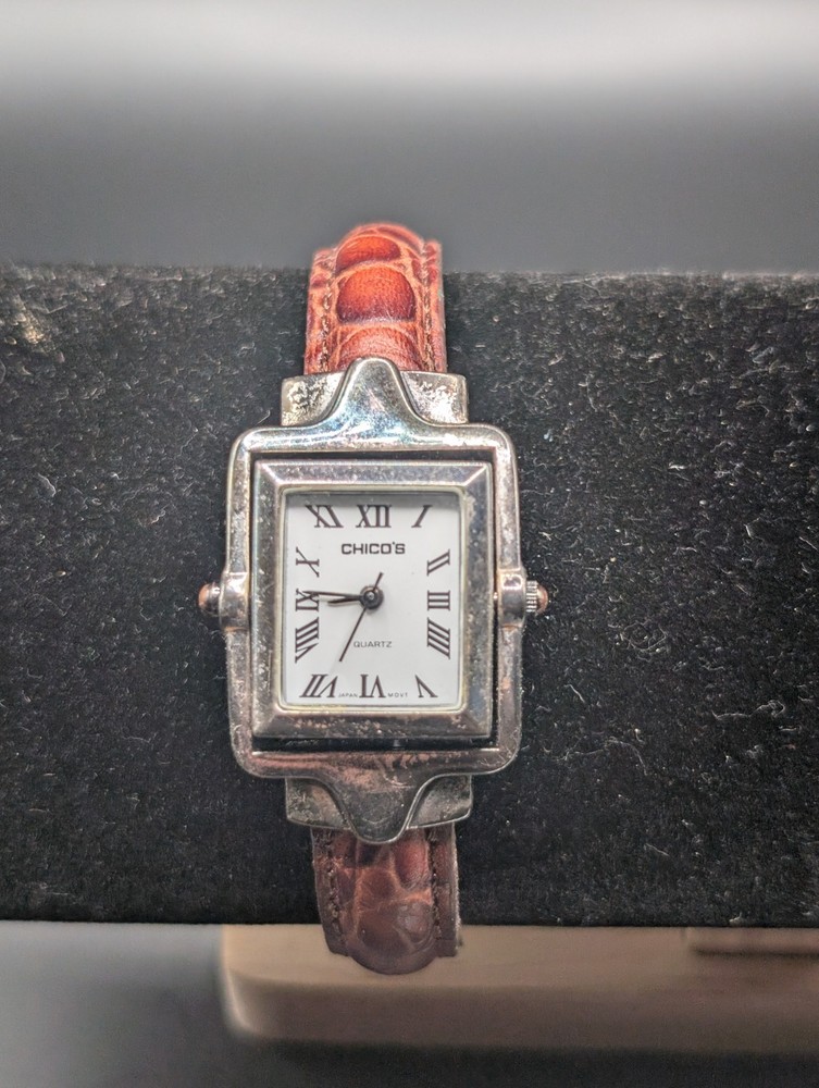 CHICO’S Ladies Reversible Hidden Flip-Top Silver Tone Bangle Watch, Brown Band