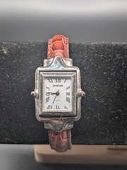 CHICO’S Ladies Reversible Hidden Flip-Top Silver Tone Bangle Watch, Brown Band
