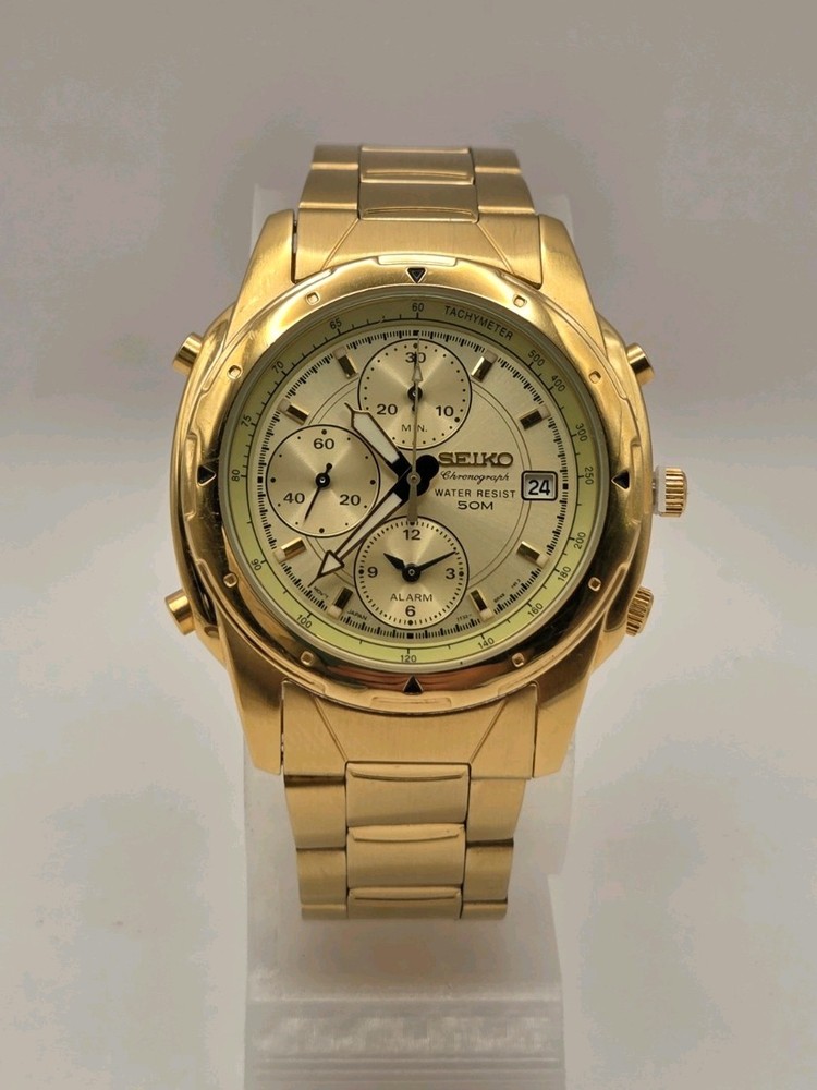 1991 Seiko Chronograph Alarm Gold Tone Mens Quartz Watch 7T32-6M59 – New Battery