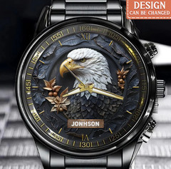 Personalized Eagle Black Stainless Steel Watch Patriotic Gift