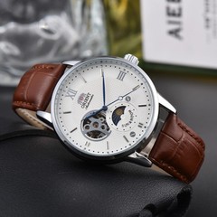 Orient Sun & Moon Semi Skeleton Automatic Watch Men’s Leather Strap Waterproof