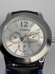 Timex T2M809 Analog Quartz Silver Dial Day/24Hr Black Leather Strap WR50m