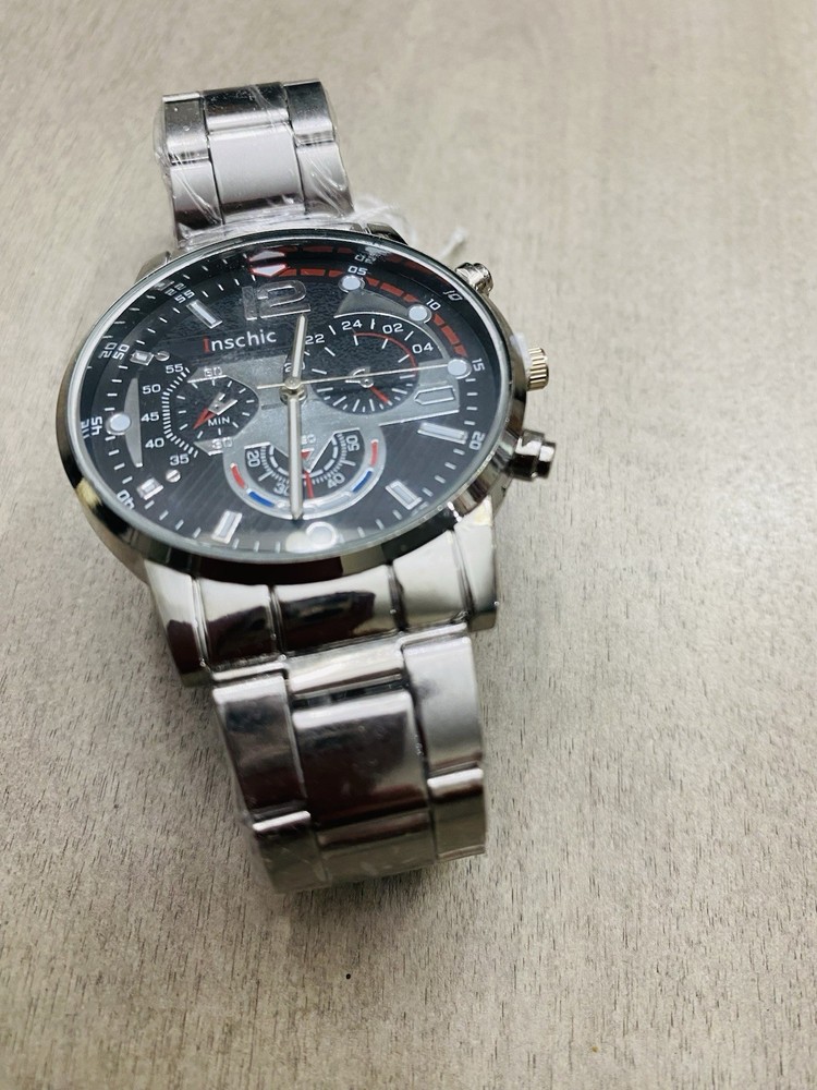 Inschic Men’s Analog Quartz Chronograph Watch 24-Hour Black Dial Silver Bracelet