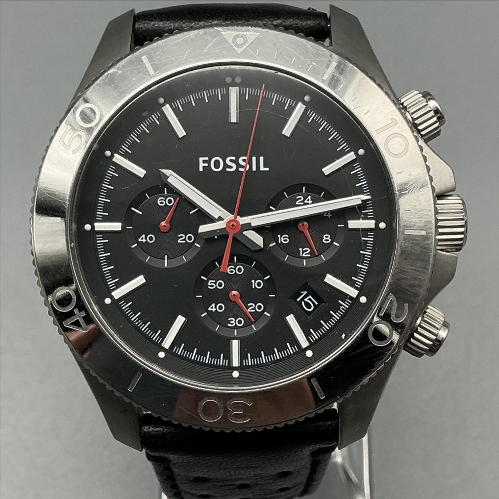 Fossil CH2859 Mens Watch 44mm Black Dial Chronograph Leather Date New Battery