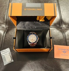 Stuhrling Men’s Chronograph White Dial Blue Bezel Two Tone Stainless Steel Watch