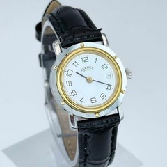 Hermes Clipper Quartz Ladies Watch Ivory Dial Date Black Leather Auth