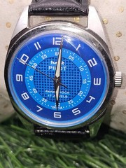Beautiful Mens HMT Pilot Parashock Mechanical Wind 17J Watch Blue Dial