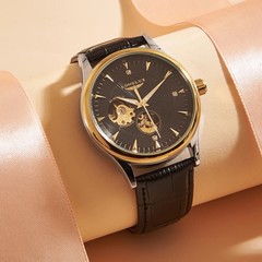 LONGLUX Mechanical Skeleton Watch Men Business Leather Band Roman Numerals 3Bar