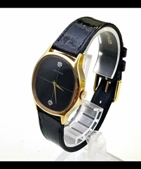 Wittnauer 17J Manual Wind Gold Tone Case Black Dial Diamond Markers Leather