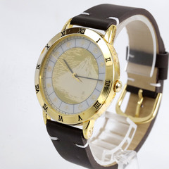 Hokusai Mt. Fuji Motif Quartz Watch 38mm Gold Dial with Zodiac Kanji Japan Made