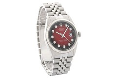 Rolex Mens Datejust 18K White Gold Steel Red Vignette Diamond Dial Watch