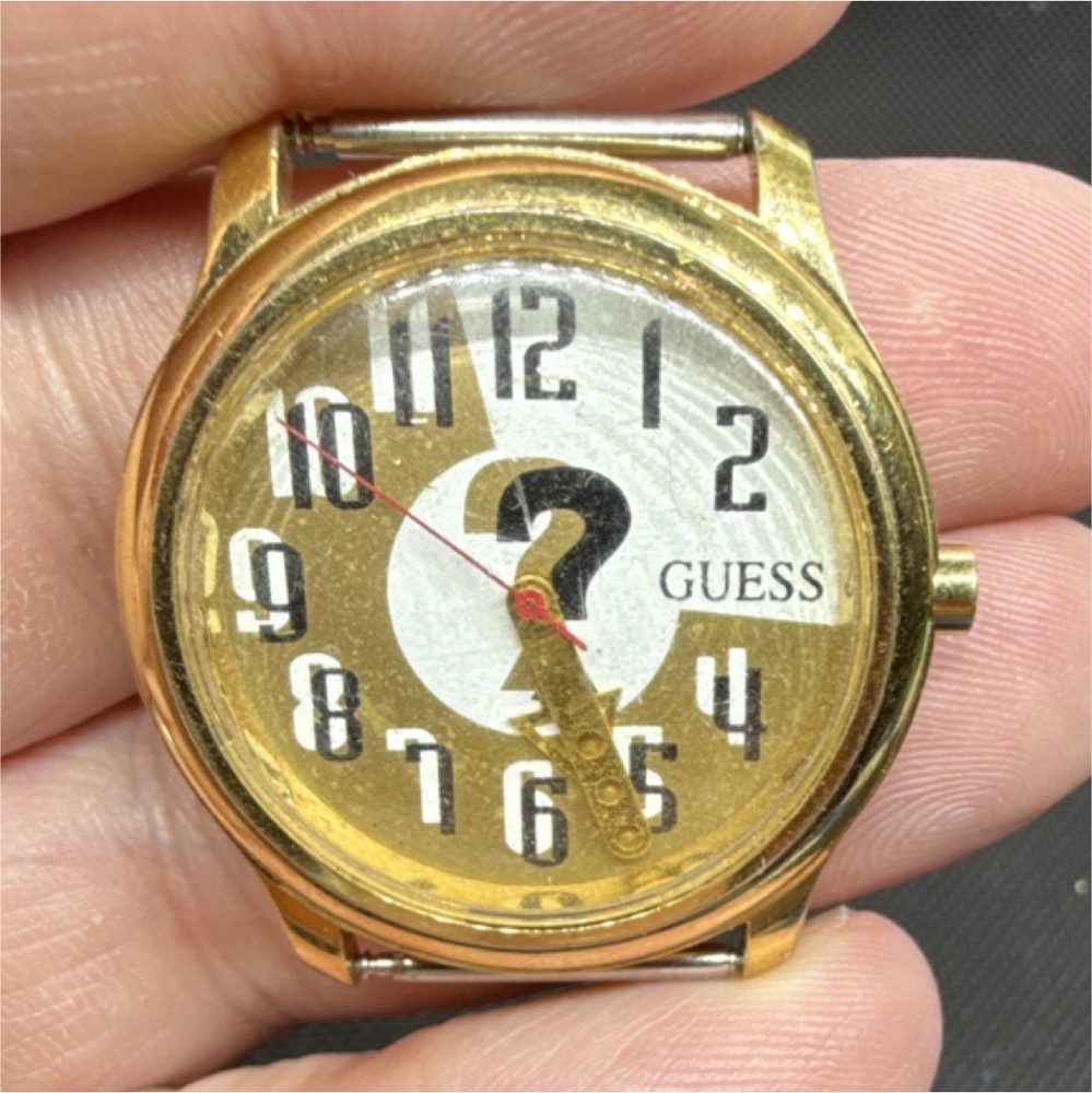 GUESS Gold Tone Quartz Analog Wristwatch Round Question Mark Dial Vintage