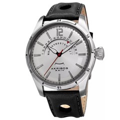 Akribos AK850SS Day Date Retrograde GMT Silver Dial Black Leather Mens Watch