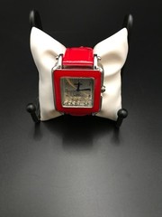 Womens Red Faux Patent Leather Band Watch Silver Dial Blue Hands Jewels- New