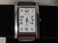 WOMENS VERNIER WATCH SILVER TONE PLUM PURPLE LEATHER BAND RECTANGLE WHITE DIAL