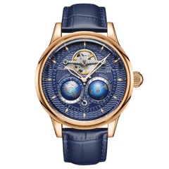 SEAKOSS Men’s Automatic Watch World Time Blue Dial Rose Gold Leather Strap