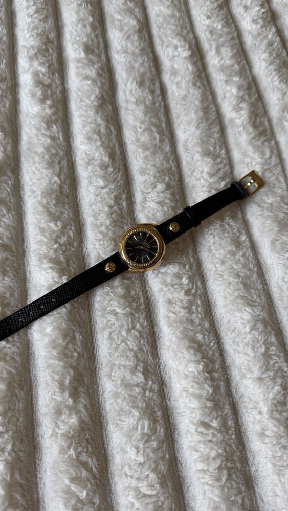 Versus Versace Women’s Quartz Watch Gold Tone Case Black Dial Leather Strap
