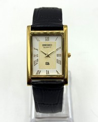 Vintage Refurbished Seiko Rectangular White Dial Black Faux Leather Strap