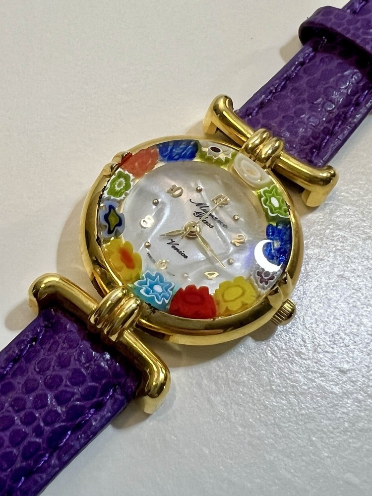 Murano Glass Millefiori Watch Round Gold-Tone Venice Italy Purple New Battery