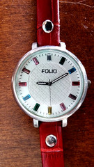 Folio Quartz Watch Red Leather Strap Colorful Markers Japan Movt