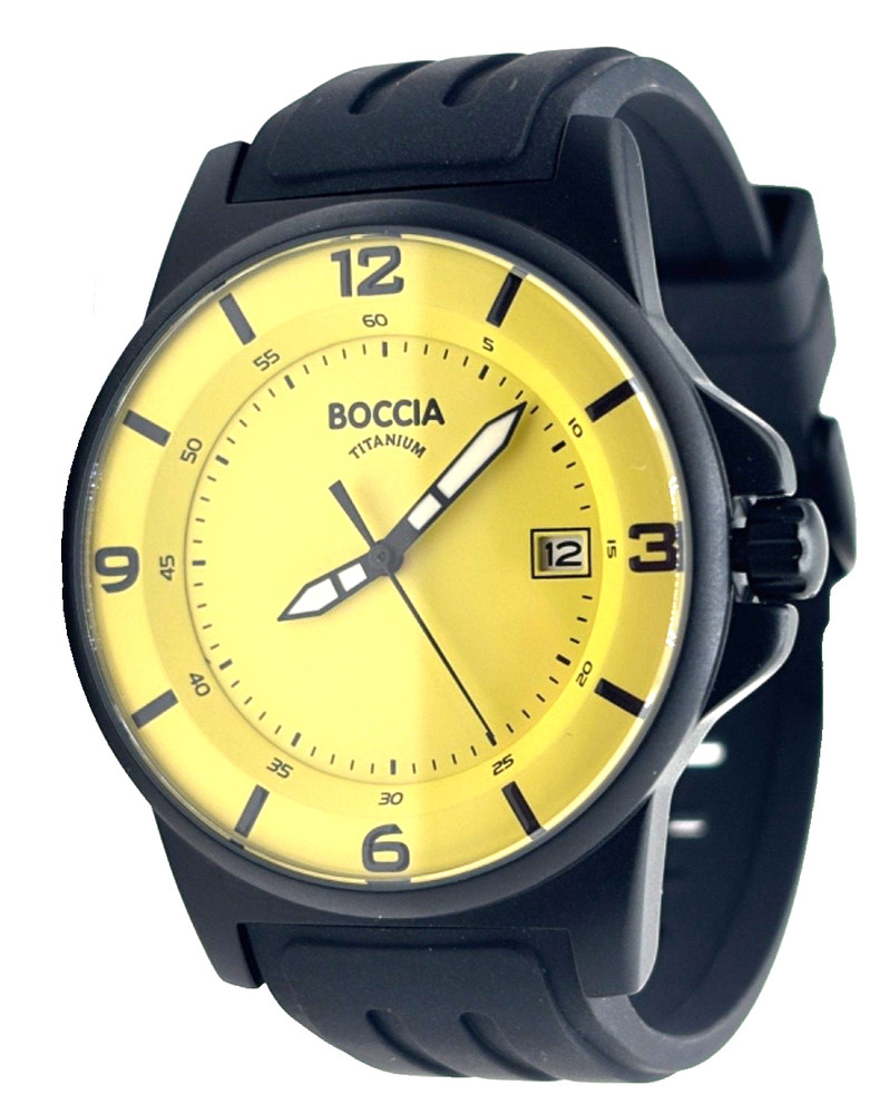 New Boccia Titanium Men’s Quartz Watch – Closeout Model, Black Band, Yellow Dial