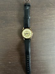 Vintage Fossil Skeleton Dial Quartz Watch Gold Tone Black Leather Band