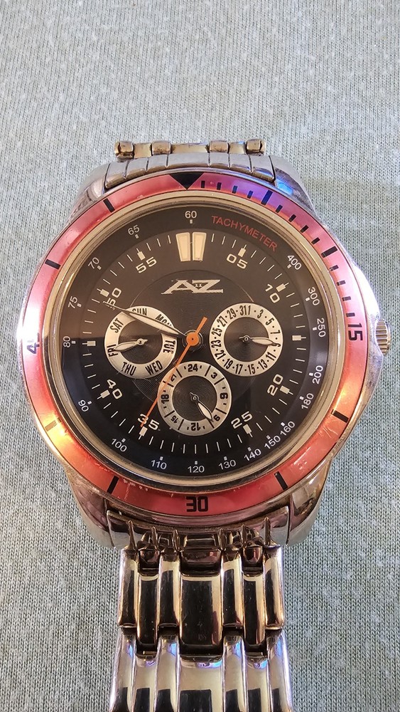 AZ II Mens Chrono Watch W/ tach. Black Dial Red Bezel Stainless Band