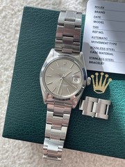 Rolex Date 1500 34mm silver sigma dial 1970s with box