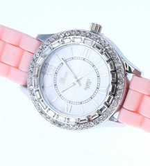 Geneva Silver Chronograph Style Iced Bezel Pink Silicone Band New Battery