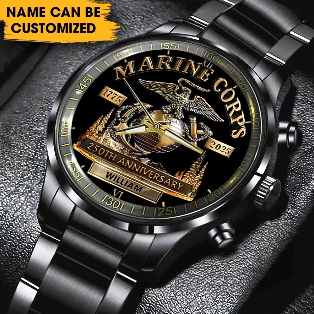 Personalized US Marine Corps 250th Anniversary Black Stainless Steel Watch TN477
