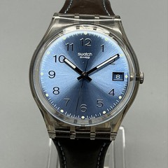 Swatch Womens Watch 31mm Blue Dial Clear Case Brown Leather Date New Battery