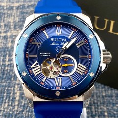 Bulova Marine Star Automatic Watch 98A303 Blue Dial Rubber Strap Men’s Watch