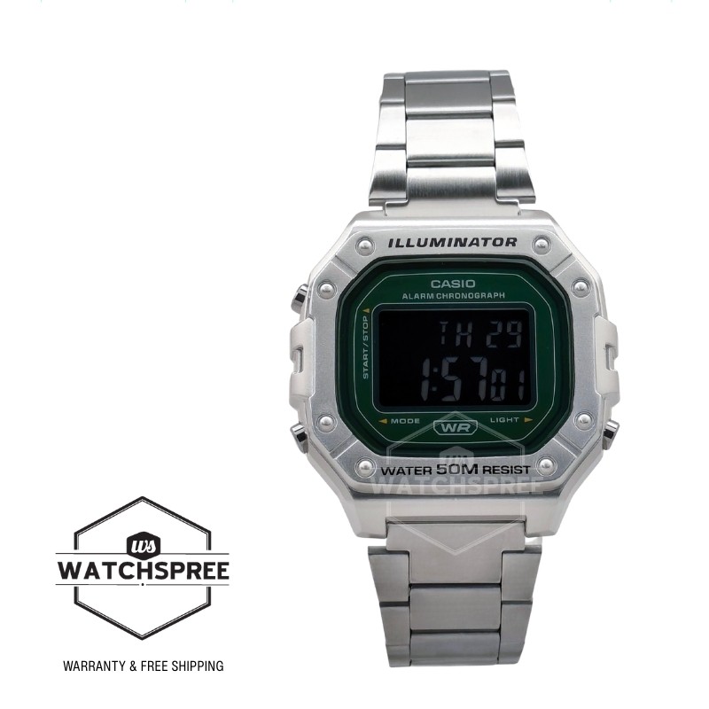 Casio Digital Square Dial Stainless Steel Band Watch W218HD-3A W-218HD-3A