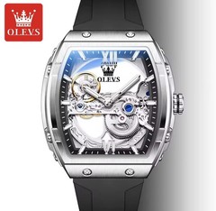 OLEVS Watch for Men Skeleton Automatic Tonneau Silicone Strap Business Luxury