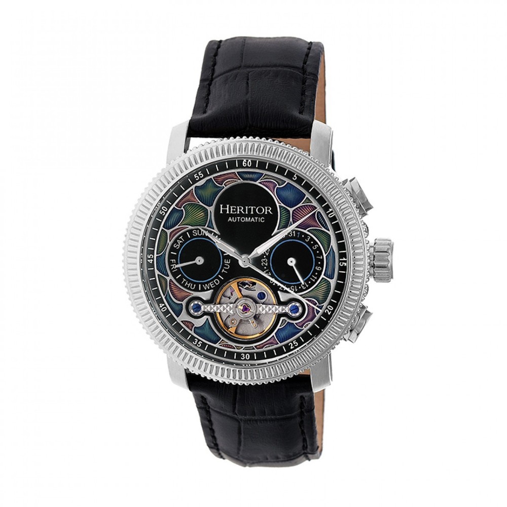 Heritor Automatic Aura Men’s Semi-Skeleton Black Leather Silver Watch HR3501