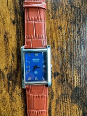 vintage Seiko Slim Tank Quartz Men Blue Dial Light Brown leather Dress Watch