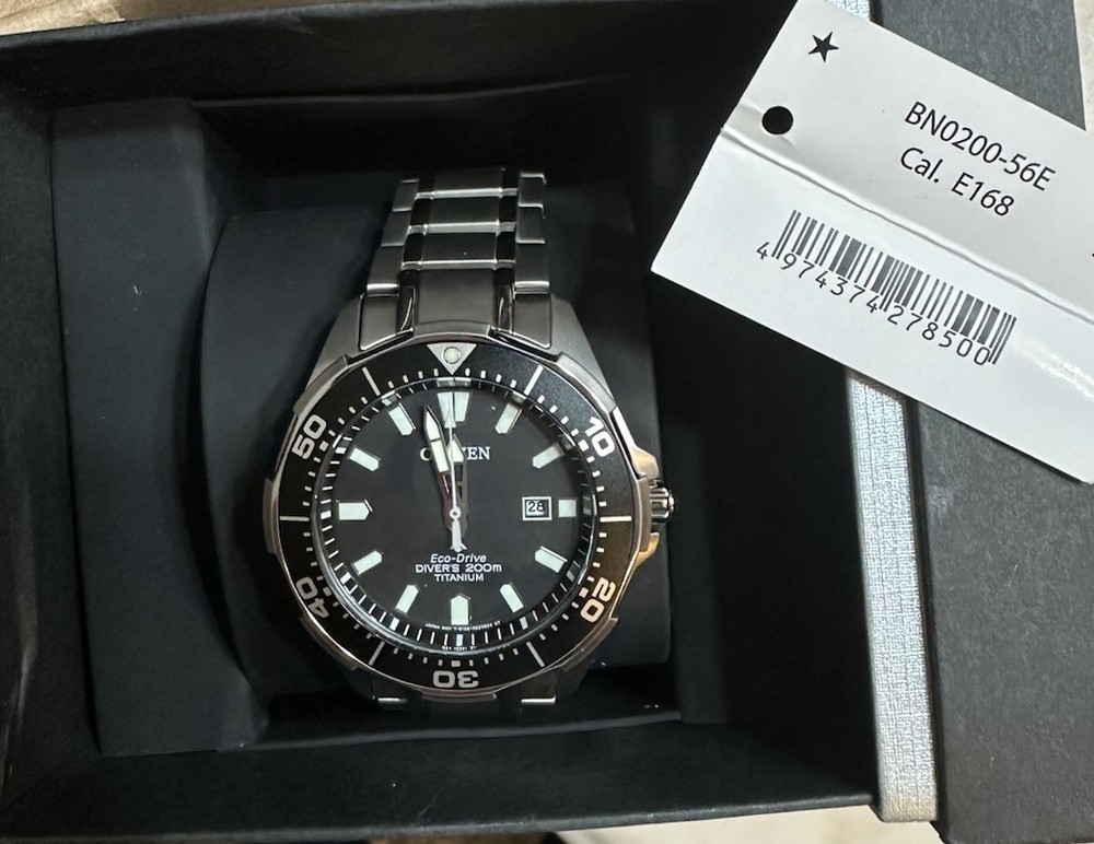 New Citizen Eco-Drive Super Titanium Black Dial Diver Watch BN0200-56E