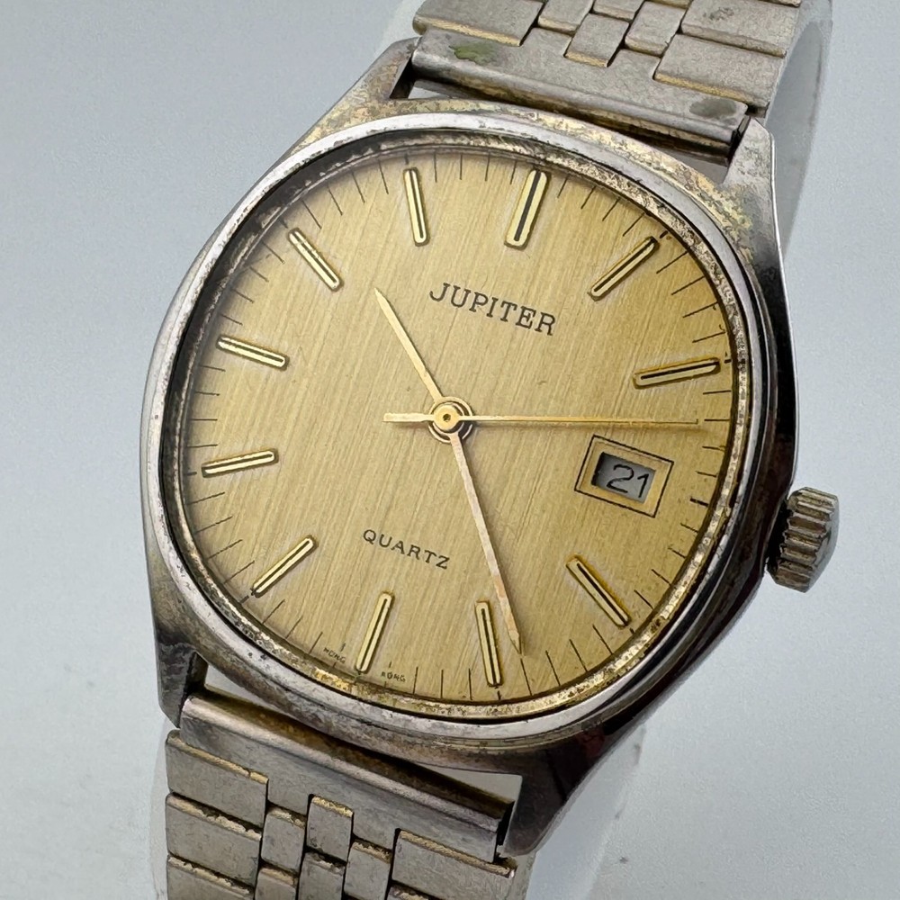 VTG Jupiter Hong Kong Quartz Watch Men Gold Tone Barrel Date Analog New Battery