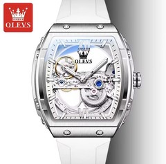OLEVS Watch for Men Skeleton Automatic Tonneau Silicone Strap Business Luxury
