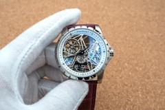 Mens Silver Flywheel Skeleton Automatic Mechanical Watch Purple Leather