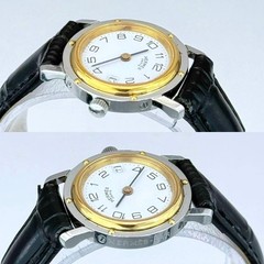 Hermes Clipper Quartz Ladies Watch Ivory Dial Date Black Leather Auth