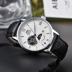Orient Sun & Moon Semi Skeleton Automatic Watch Men’s Leather Strap Luxury Gift